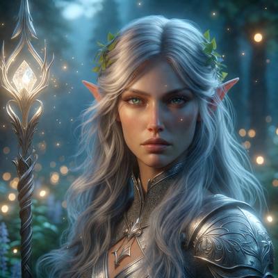 The primary subject of the image is a woman with long, flowing white hair. She is wearing a silver outfit and has a glowing aura around her. The setting is a forest, with trees in the background. The visual style is digital art, and the colors and mood are serene and magical.